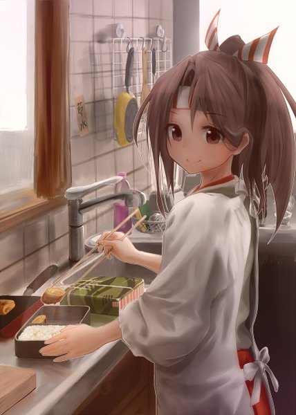 Anime picture 900x1262 with kantai collection zuihou light aircraft carrier genso single long hair tall image looking at viewer smile brown hair standing brown eyes ponytail cooking girl food curtains chopsticks kitchen frying pan omelet
