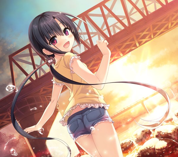 Anime picture 2760x2450 with maitetsu hayase fukami cura single long hair looking at viewer blush fringe highres open mouth black hair smile hair between eyes purple eyes twintails sky ass outdoors :d looking back