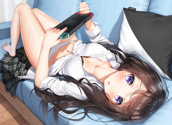 Anime picture 1500x1089 with original nintendo superpig (wlstjqdla) single long hair looking at viewer blush breasts open mouth light erotic brown hair purple eyes holding bent knee (knees) indoors lying parted lips pleated skirt barefoot bare legs