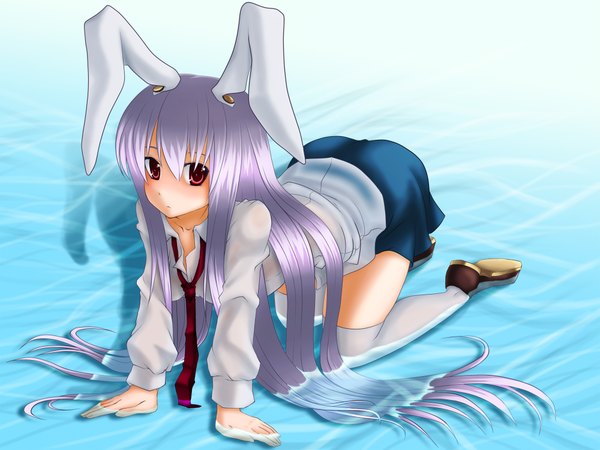 Anime picture 2000x1500 with touhou reisen udongein inaba orippa long hair highres red eyes animal ears purple hair bunny ears bunny girl girl thighhighs water necktie
