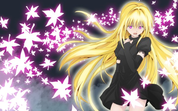 Anime picture 5040x3150 with black cat gonzo eve long hair highres open mouth blonde hair wide image absurdres pink eyes girl dress fingerless gloves black dress leaf (leaves)