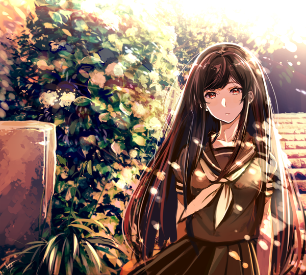 Anime picture 800x719 with original okia single long hair looking at viewer fringe breasts red eyes brown hair large breasts standing outdoors pleated skirt wind sunlight short sleeves hands behind back girl skirt uniform