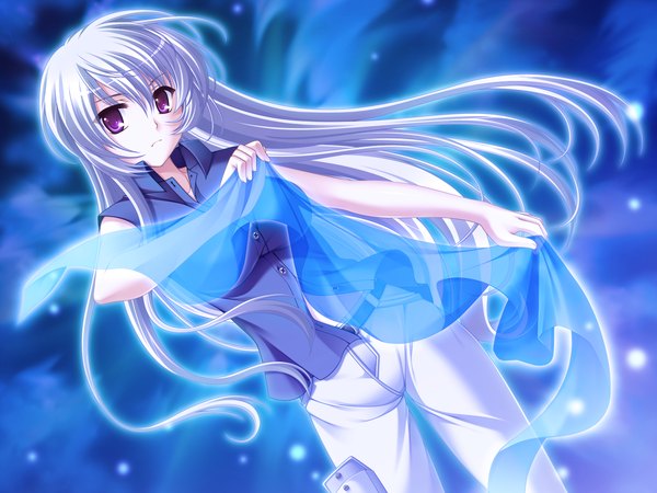 Anime picture 1600x1200 with tasogare no sinsemilla single long hair looking at viewer purple eyes game cg white hair girl
