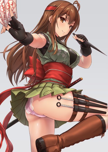 Anime picture 2150x3036 with original gendai kunoichi (tori@gununu) tori@gununu single long hair tall image looking at viewer fringe highres breasts light erotic simple background hair between eyes brown hair large breasts standing holding brown eyes payot ahoge