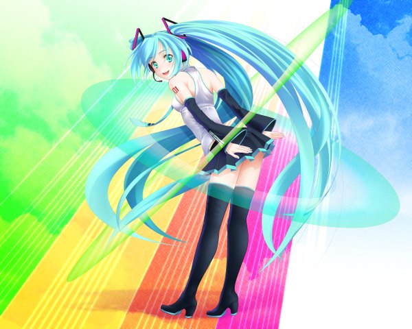 Anime picture 2500x2000 with vocaloid hatsune miku aizawa kotarou single long hair highres twintails bare shoulders green eyes blue hair girl thighhighs skirt detached sleeves miniskirt headphones