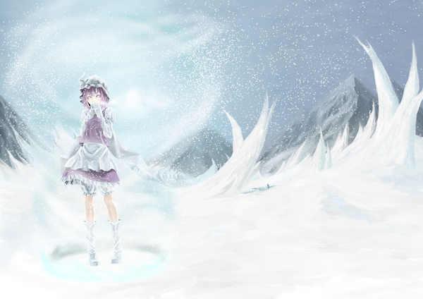 Anime picture 1441x1020 with touhou letty whiterock akaikitsune single short hair purple eyes purple hair snowing winter snow exhalation steam girl dress thigh boots cap ice
