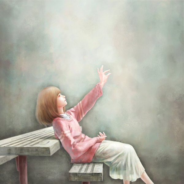 Anime picture 1024x1024 with original ag+ (artist) single short hair blonde hair sitting girl skirt sweater ring table bench