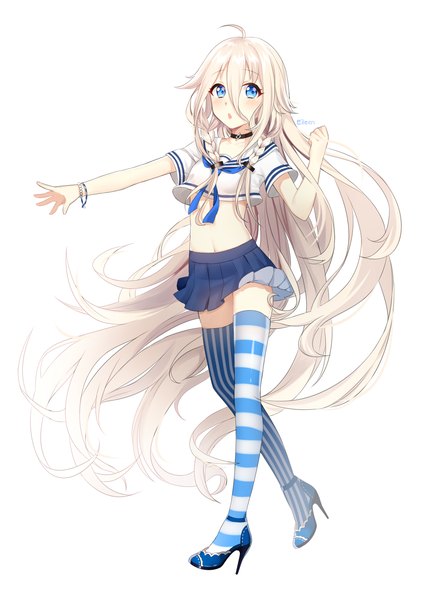 Anime picture 1200x1700 with vocaloid ia (vocaloid) eileen (artist) single tall image looking at viewer blush fringe open mouth blue eyes simple background standing white background signed ahoge white hair braid (braids) very long hair pleated skirt arm up