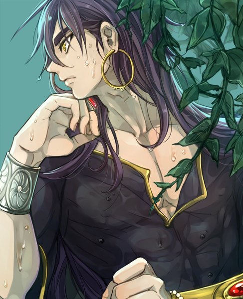 Anime picture 866x1066 with magi the labyrinth of magic a-1 pictures sinbad (magi) nachocon single long hair tall image fringe simple background yellow eyes purple hair profile fingernails lips wet eyebrows muscle green background boy plant (plants)