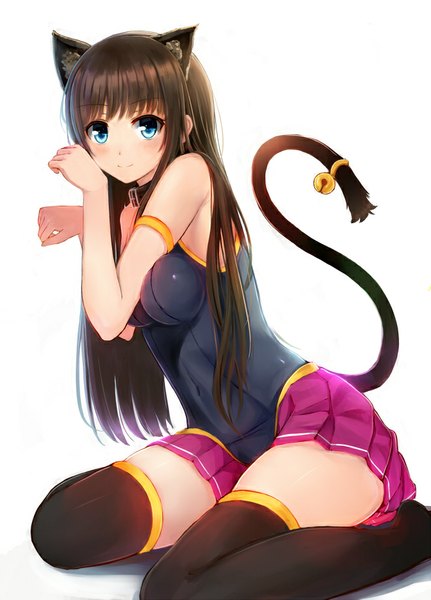 Anime picture 661x919 with original kero (tomoki-tiger) single long hair tall image looking at viewer blush brown hair sitting animal ears tail animal tail aqua eyes cat ears cat tail wariza girl thighhighs skirt black thighhighs