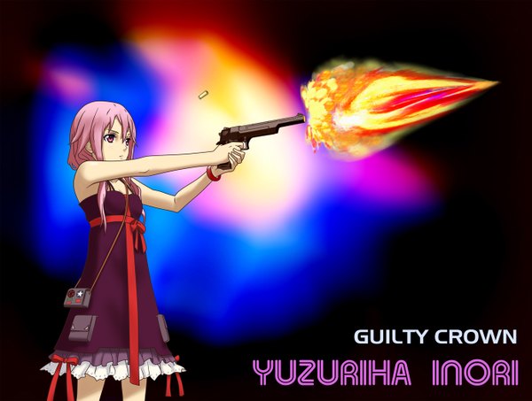 Anime picture 1380x1044 with guilty crown production i.g yuzuriha inori single long hair red eyes pink hair inscription shot girl ribbon (ribbons) weapon bracelet gun sundress