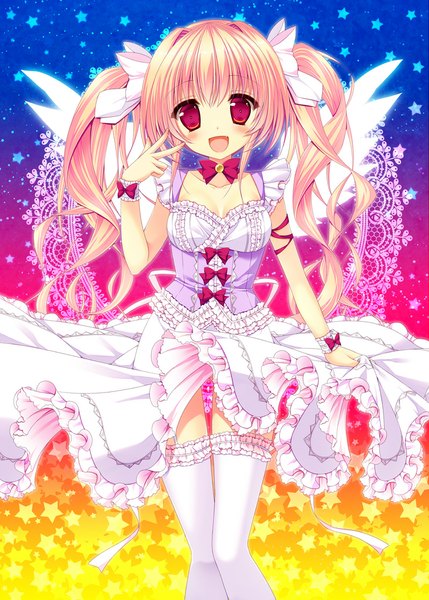 Anime picture 800x1119 with original minatsuki alumi single long hair tall image blush open mouth blonde hair red eyes twintails girl thighhighs dress bow hair bow white thighhighs wings frills star (stars)