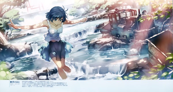 Anime picture 10416x5559 with original vania600 highres short hair blue eyes wide image blue hair absurdres scan spread arms incredibly absurdres girl skirt plant (plants) tree (trees) water leaf (leaves) ground vehicle stone (stones) car