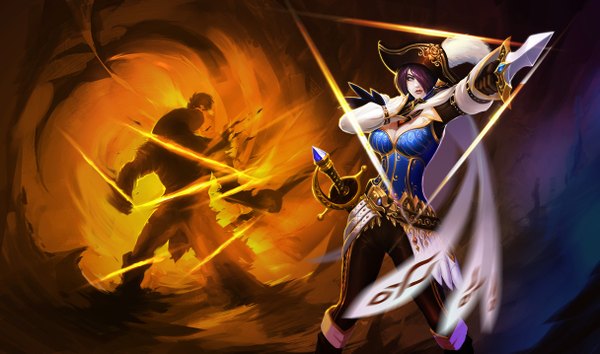 Anime picture 1215x717 with league of legends fiora (league of legends) single fringe short hair blue eyes wide image purple hair hair over one eye battle girl weapon hat sword dagger epee