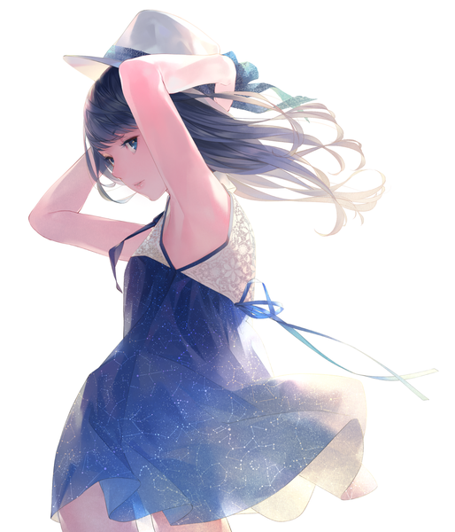 Anime picture 1113x1300 with original sousou (sousouworks) single long hair tall image looking at viewer blush fringe blue eyes black hair simple background white background parted lips profile wind arms up armpit (armpits) sleeveless turning head light