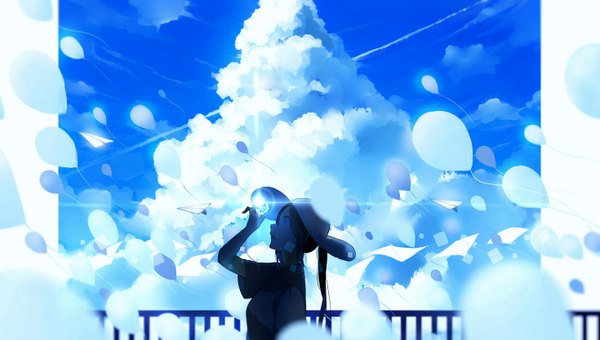 Anime picture 1470x833 with original sogawa single long hair open mouth black hair wide image sky cloud (clouds) profile wide sleeves short sleeves glowing girl hat railing balloon