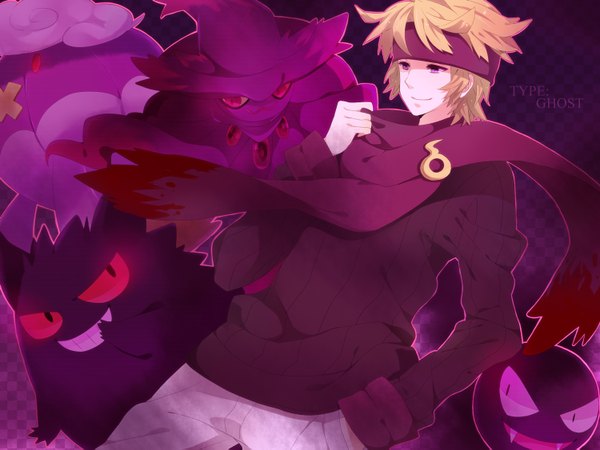 Anime picture 1500x1125 with pokemon pokemon heartgold and soulsilver nintendo gastly gengar mismagius morty (pokemon) drifblim nicole (usako) blonde hair smile purple eyes inscription wallpaper hand in pocket gen 1 pokemon gen 4 pokemon boy animal hairband