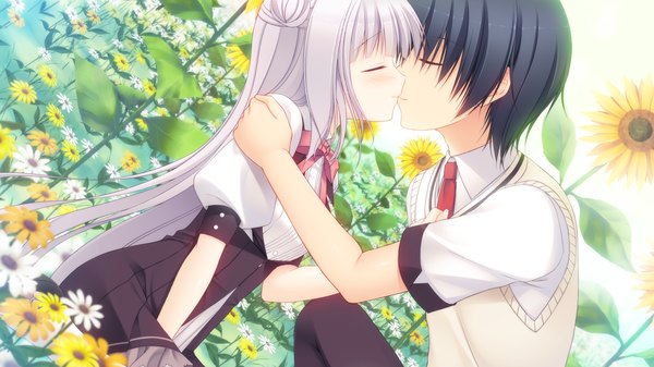 Anime picture 1280x720 with sora tobu hitsuji to manatsu no hana shiina tyris eluard hazumi rio long hair blush short hair black hair wide image game cg silver hair eyes closed loli couple kiss girl dress boy uniform flower (flowers) school uniform