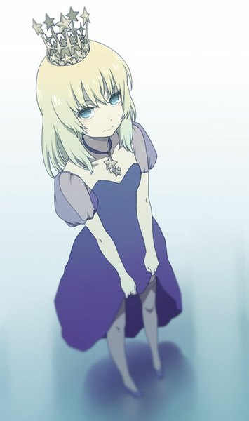Anime picture 500x843 with original mattaku mousuke single long hair tall image looking at viewer fringe blonde hair standing bare shoulders aqua eyes from above blurry short sleeves gradient background reflection looking up skirt lift dress lift girl