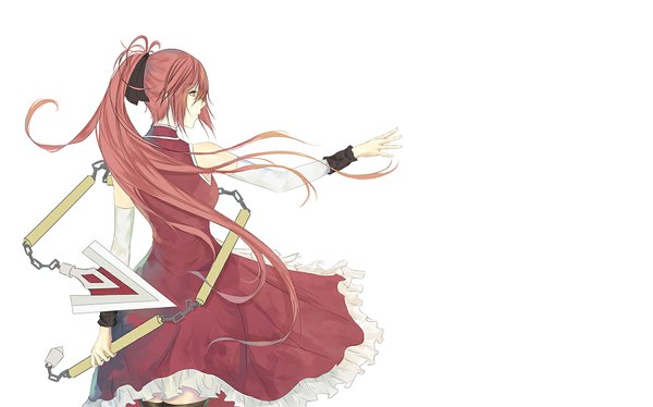 Anime picture 1181x738 with mahou shoujo madoka magica shaft (studio) sakura kyouko inneanis single long hair simple background red eyes wide image white background ponytail red hair profile girl dress weapon