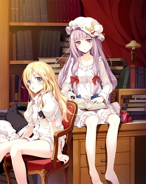 Anime picture 837x1050 with touhou dr pepper kirisame marisa patchouli knowledge ke-ta long hair tall image blush fringe open mouth blue eyes blonde hair sitting purple eyes multiple girls looking away purple hair indoors barefoot girl