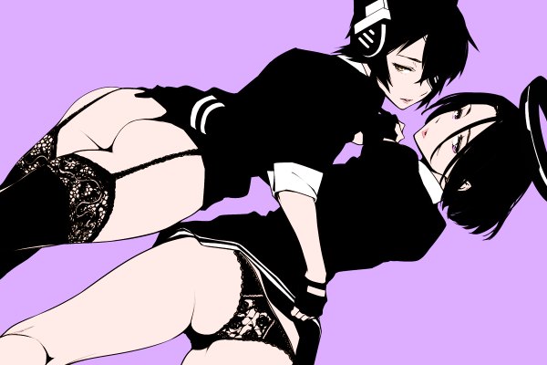 Anime picture 1200x800 with kantai collection tenryuu light cruiser tatsuta light cruiser yurikawa looking at viewer short hair light erotic black hair simple background multiple girls yellow eyes ass pink eyes from behind dutch angle turning head pink background dress lift lace-trimmed panties blending