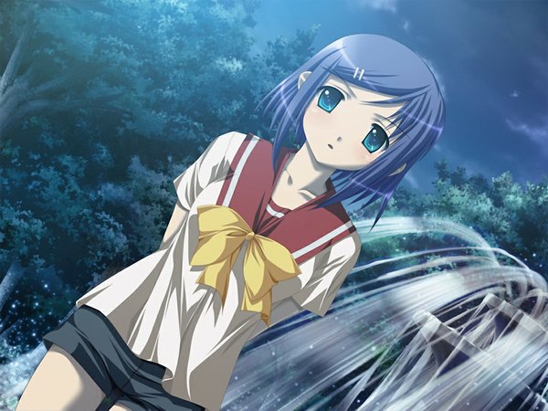 Anime picture 1024x768 with miharu - alto another story ootori mizuha short hair blue eyes blue hair game cg night girl