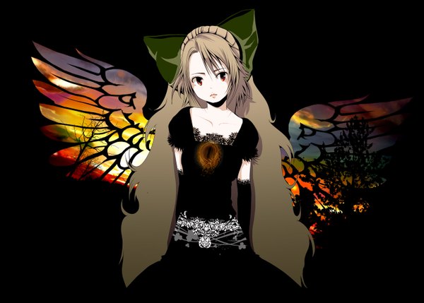 Anime picture 1398x1000 with touhou reiuji utsuho yae (mono110) single long hair simple background red eyes brown hair looking away black background double exposure girl gloves plant (plants) wings tree (trees) elbow gloves