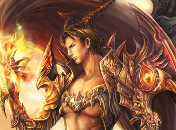 Anime picture 1227x912 with jiuge single short hair brown hair horn (horns) realistic demon boy armor fire