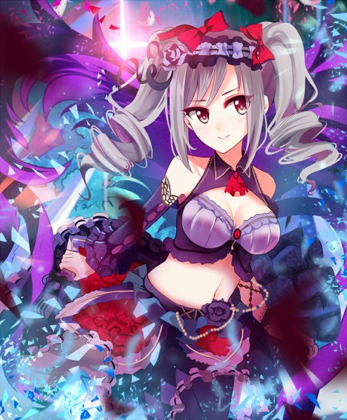 Anime picture 908x1099 with idolmaster idolmaster cinderella girls kanzaki ranko shiguru single long hair tall image blush fringe breasts smile twintails bare shoulders looking away cleavage silver hair long sleeves pink eyes bare belly drill hair