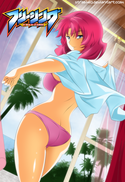 Anime picture 1029x1496 with freezing roxanne elipton strabixio single tall image blush short hair blue eyes light erotic pink hair sky cloud (clouds) looking back light smile sunlight inscription open clothes midriff dutch angle open shirt