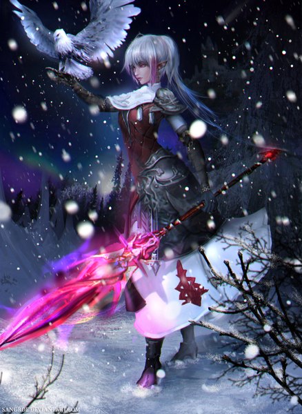 Anime picture 1024x1402 with final fantasy final fantasy xiv square enix sangrde single tall image hair between eyes standing payot silver hair purple hair outdoors pink eyes multicolored hair wind lips pointy ears blurry night high heels