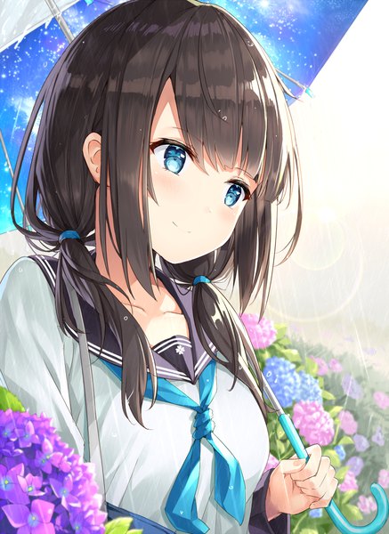 Anime picture 807x1107 with original rin yuu single tall image fringe blue eyes brown hair twintails holding looking away upper body blunt bangs light smile low twintails rain starry sky print girl uniform flower (flowers) serafuku