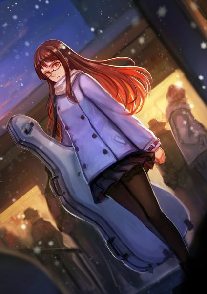 Anime picture 1300x1839 with original bryanth long hair tall image looking at viewer red eyes brown hair dutch angle light snowing winter girl skirt pantyhose glasses scarf people