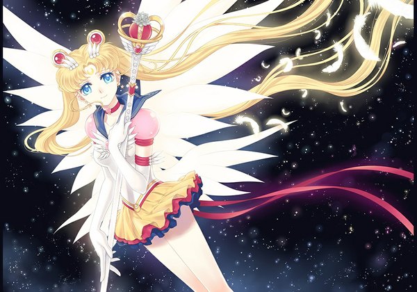 Anime picture 1000x700 with bishoujo senshi sailor moon toei animation tsukino usagi sailor moon super sailor moon eternal sailor moon nickii25 single long hair looking at viewer blue eyes blonde hair smile holding very long hair light smile angel wings space girl skirt