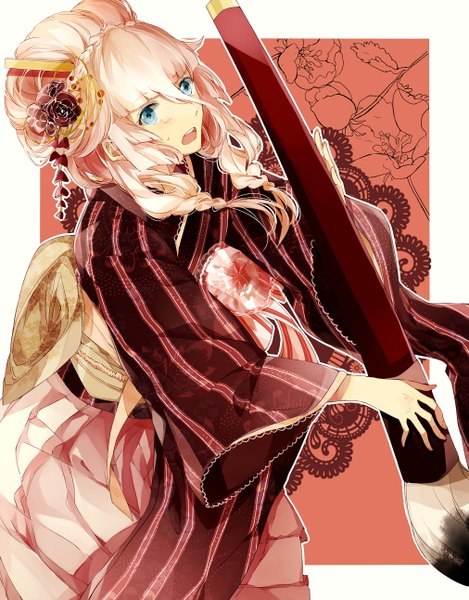 Anime picture 1011x1292 with vocaloid ia (vocaloid) manako (manatera) single long hair tall image blush fringe open mouth blue eyes pink hair braid (braids) traditional clothes japanese clothes hair flower wide sleeves sweat alternate costume twin braids sweatdrop
