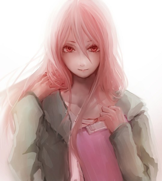 Anime picture 1063x1181 with kuroko no basket production i.g momoi satsuki pallini55 single long hair tall image looking at viewer fringe simple background smile white background holding pink hair pink eyes light smile open clothes open jacket girl jacket
