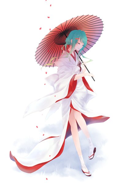 Anime picture 2500x4000 with vocaloid hatsune miku yuki miku yuki miku (2013) dlei single tall image highres smile eyes closed japanese clothes multicolored hair aqua hair gradient hair girl hair ornament socks kimono umbrella white socks