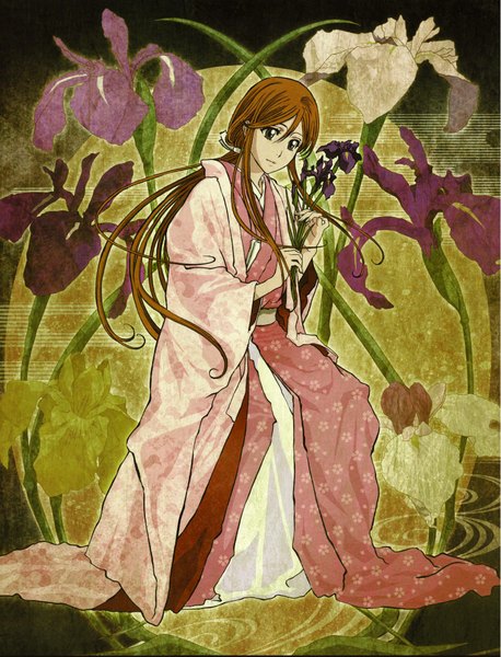 Anime picture 3212x4204 with bleach studio pierrot inoue orihime kubo tite single long hair tall image highres holding absurdres traditional clothes japanese clothes orange hair grey eyes floral print girl flower (flowers) kimono iris (flower)