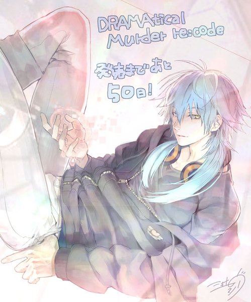 Anime picture 665x800 with dramatical murder nitro+chiral aoba (dmmd) sinov mimori single long hair tall image looking at viewer fringe hair between eyes signed yellow eyes blue hair bent knee (knees) off shoulder copyright name reclining headphones around neck boy headphones