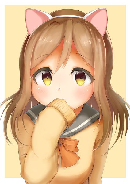 Anime picture 3307x4677 with love live! sunshine!! sunrise (studio) love live! kunikida hanamaru sashimi0gou single long hair tall image looking at viewer blush fringe highres hair between eyes brown hair animal ears yellow eyes absurdres upper body cat ears sleeves past wrists