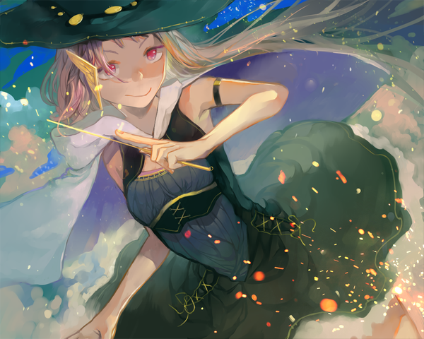 Anime picture 1000x800 with original nima (pixiv) single long hair blonde hair smile red eyes cloud (clouds) lacing magical girl girl dress hat cape witch hat wand