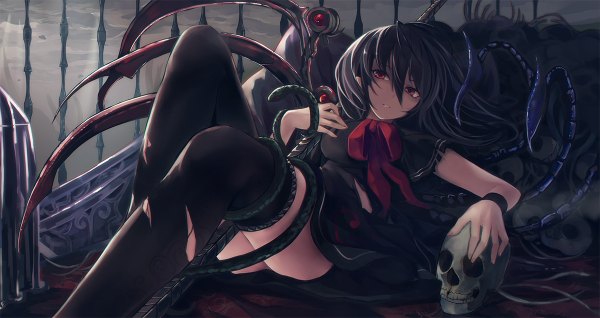 Anime picture 1200x636 with touhou houjuu nue nakaichi (ridil) single looking at viewer short hair black hair red eyes wide image lying girl thighhighs dress weapon black thighhighs animal sword wings skull torn thighhighs
