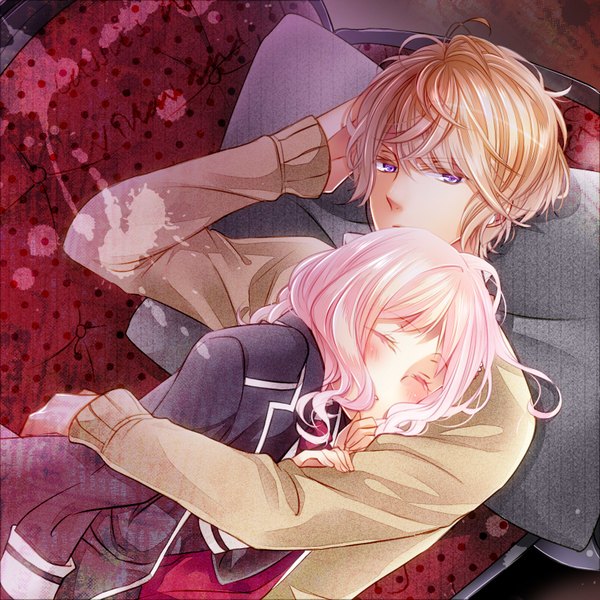 Anime picture 1600x1600 with diabolik lovers idea factory sakamaki shuu komori yui yamika long hair looking at viewer blush fringe short hair blonde hair purple eyes pink hair lying eyes closed hug sleeping girl boy pillow