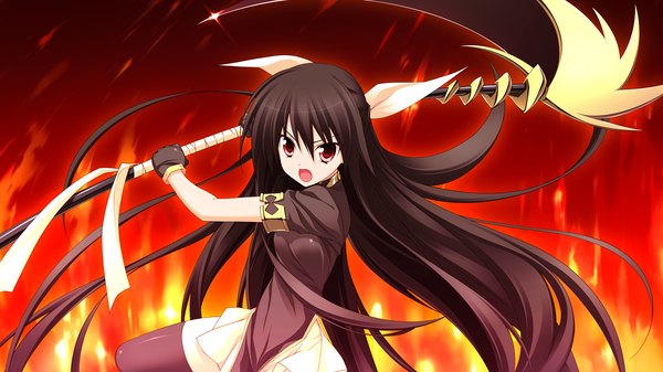 Anime picture 1280x720 with endless dungeon vell sein suzume miku single long hair looking at viewer open mouth black hair red eyes wide image game cg girl dress gloves ribbon (ribbons) weapon hair ribbon scythe