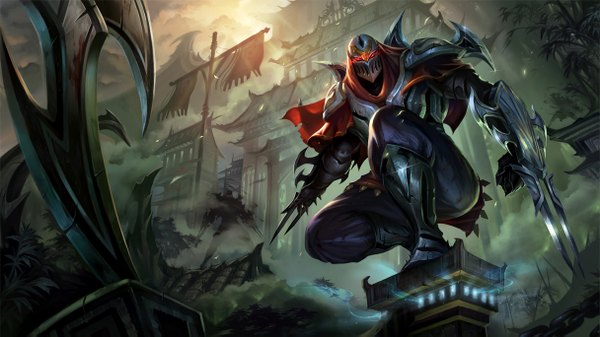 Anime picture 1215x683 with league of legends zed (league of legends) looking at viewer red eyes wide image standing sitting cloud (clouds) sunlight shadow mountain fog boy weapon plant (plants) tree (trees) window armor leaf (leaves) building (buildings)