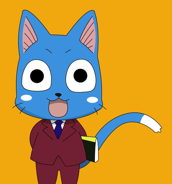 Anime picture 2500x2668 with fairy tail happy (fairy tail) single tall image highres open mouth simple background smile tail black eyes animal necktie cat suit