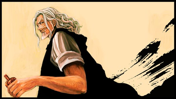 Anime picture 1319x743 with one piece toei animation silvers rayleigh tsuyomaru single smile wide image looking back border old man boy glasses bottle beard