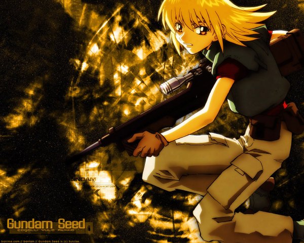 Anime picture 1280x1024 with mobile suit gundam gundam seed sunrise (studio) cagalli yula athha short hair blonde hair orange eyes wallpaper kneeling girl gloves gun fanny pack