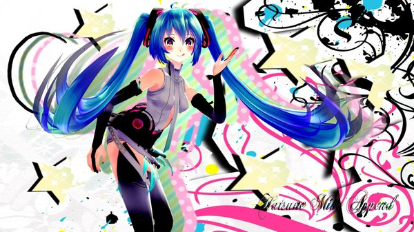 Anime picture 1920x1080 with vocaloid vocaloid append hatsune miku hatsune miku (append) single long hair blush highres smile wide image twintails blue hair multicolored eyes girl detached sleeves necktie headphones tongue